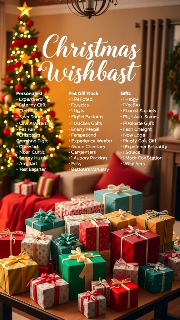 A festive Christmas wishlist display with gift ideas in a decorated living room.